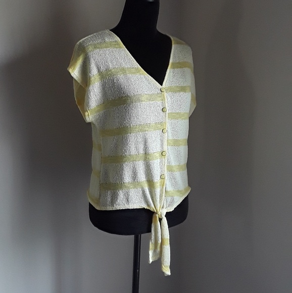 Love J V neck Button Front White Yellow Striped Lg - Picture 2 of 6